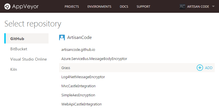 Add Select the GitHub project to add to AppVeyor
